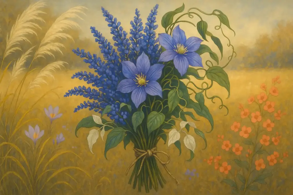 9月12日の誕生花イラスト。中央にアイ（藍）、クレマチス、クズを束ねた花束を大きく描き、背景にススキやサフラン、ディアスキアを散らした秋らしい花畑のデザイン