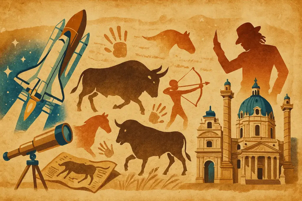 9月12日の歴史イラスト。背景に古い新聞や巻物を敷き、左にスペースシャトルと望遠鏡、中央にラスコー洞窟の壁画模様、右にウィーンの建物とマイケル・ジャクソンのシルエットを描いた歴史的デザイン