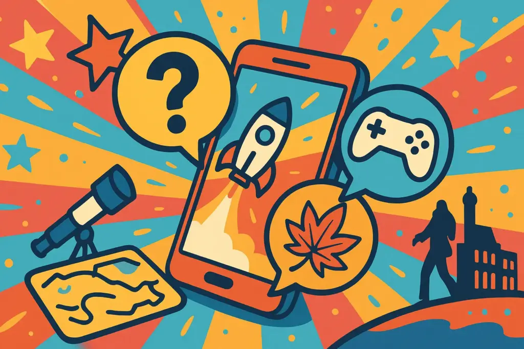 9月12日の豆知識イラスト。中央にスマートフォン画面、周囲に吹き出しでクイズのアイコン、ゲームコントローラー、宇宙ロケット、紅葉したもみじを配置したポップなデザイン