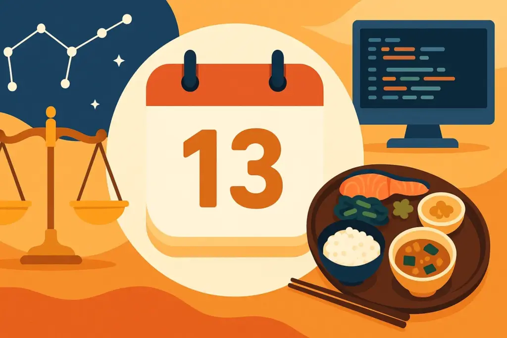 9月13日の記念日を象徴するイラスト。カレンダーの円盤、天秤、一汁三菜の和食膳、北斗七星やプログラム画面を配置