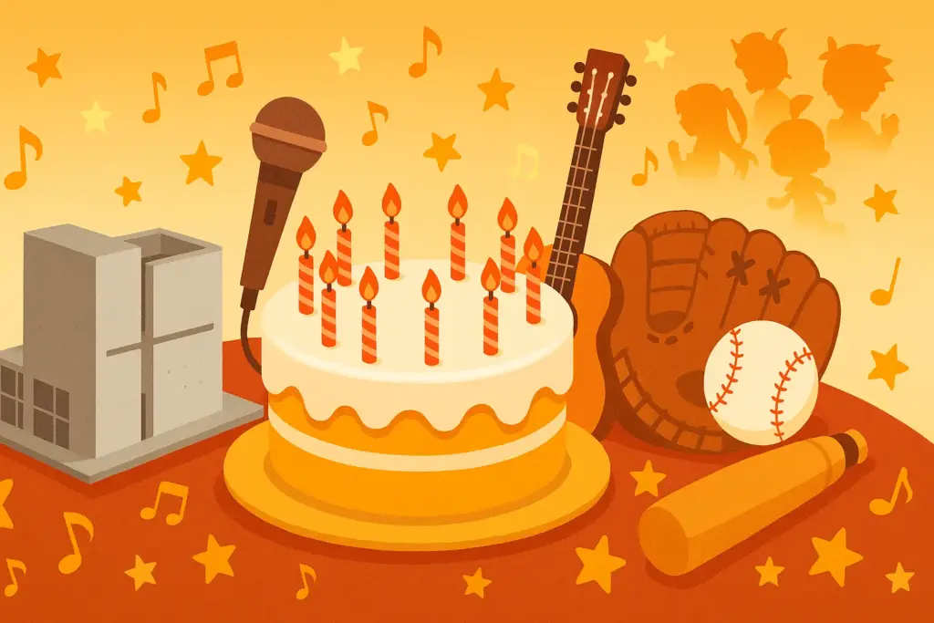 9月13日生まれの誕生日を祝うイラスト。誕生日ケーキを中心に建築物の模型、楽器、野球ボールとキャラクターのシルエットを配置