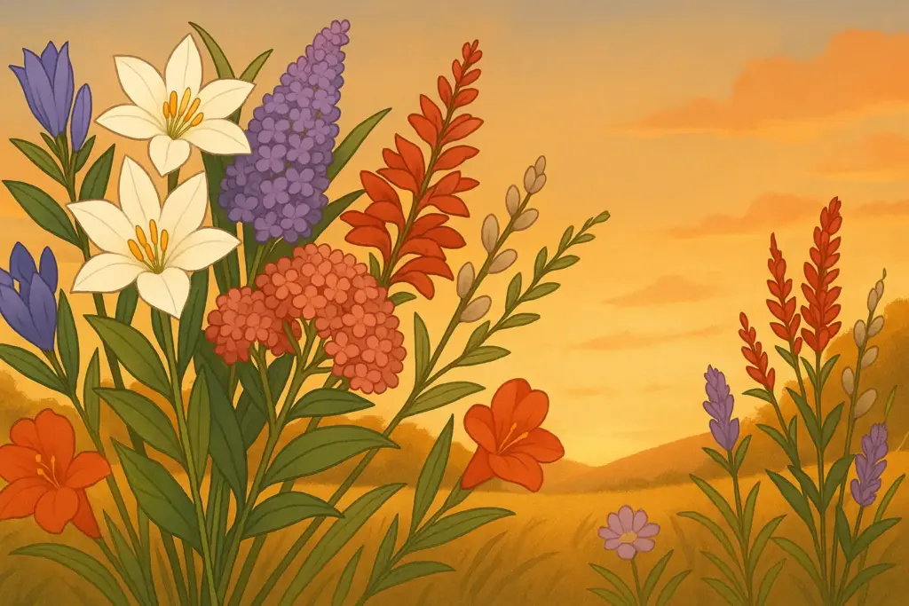 9月13日の誕生花を描いたイラスト。ゼフィランサス、ブッドレア、オオベンケイソウを束ね、リンドウやカンナを散らす花束デザイン