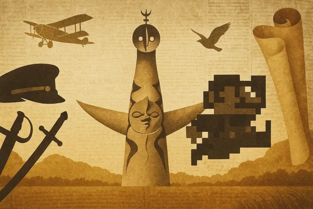 9月13日の歴史を表現したイラスト。古い新聞の背景に乃木夫妻の軍帽と刀、大阪万博の太陽の塔、スーパーマリオのシルエットを配置