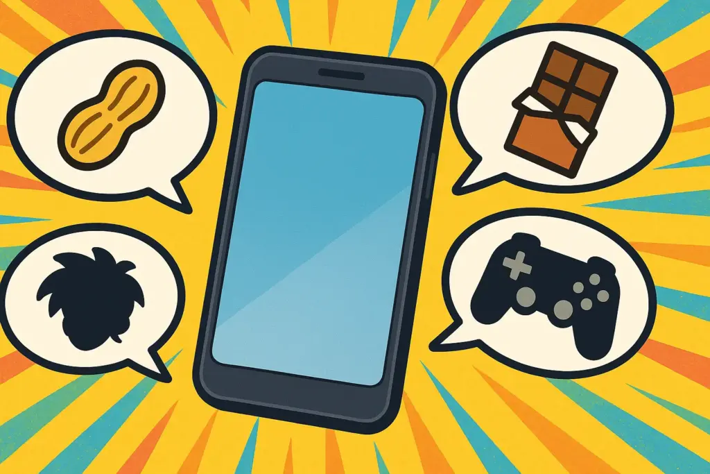 9月13日の豆知識を象徴するイラスト。スマートフォン画面の周囲にピーナッツ、チョコレート、ゲームコントローラー、キャラクターの吹き出しを描写