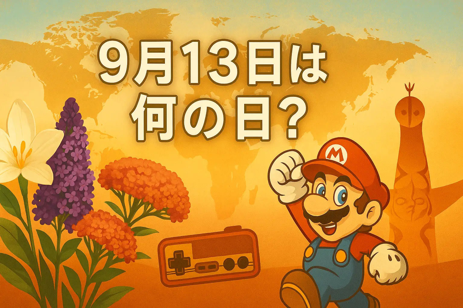 9月13日は何の日?誕生花と大阪万博太陽の塔、スーパーマリオを描いた歴史と文化を象徴するアイキャッチイラスト