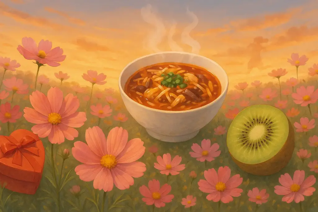 9月14日の記念日を表すイラスト。コスモス畑とハートのギフト、湯気の立つスーラータンメン、カットしたキウイで愛情や食文化を象徴