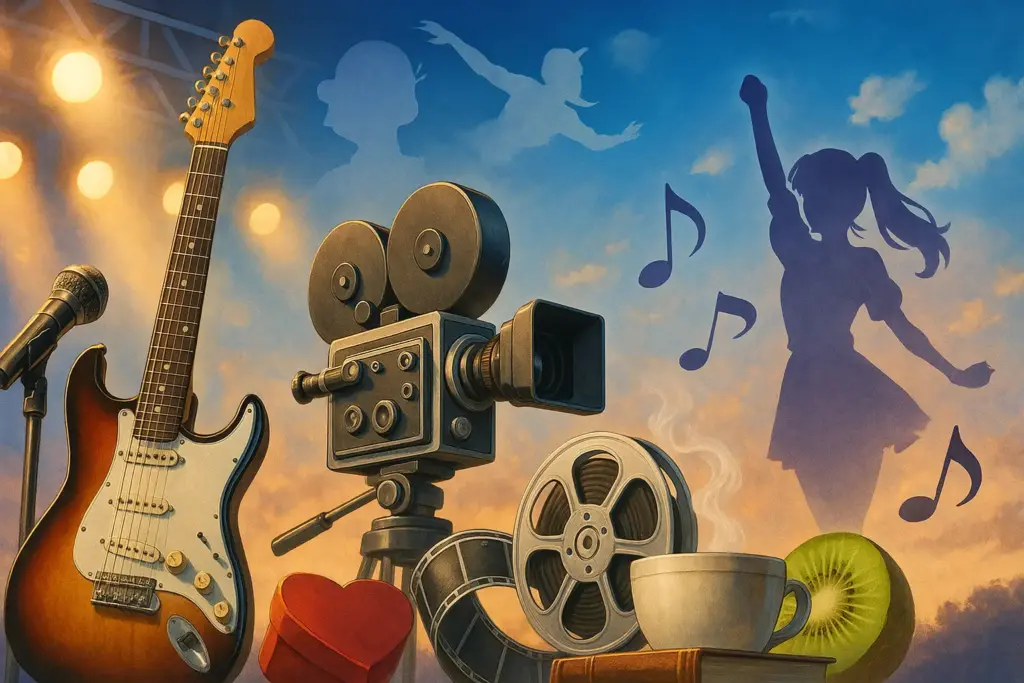 9月14日生まれの誕生日を祝うイラスト。ギターとマイク、フィルムリールやカメラ、アイドル風シルエットとキャラクターを配置したデザイン