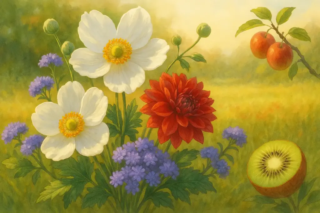 9月14日の誕生花を描いたイラスト。白いシュウメイギクを中心に、青紫のアゲラタムと赤いダリア、リンゴの枝を添えて秋を表現