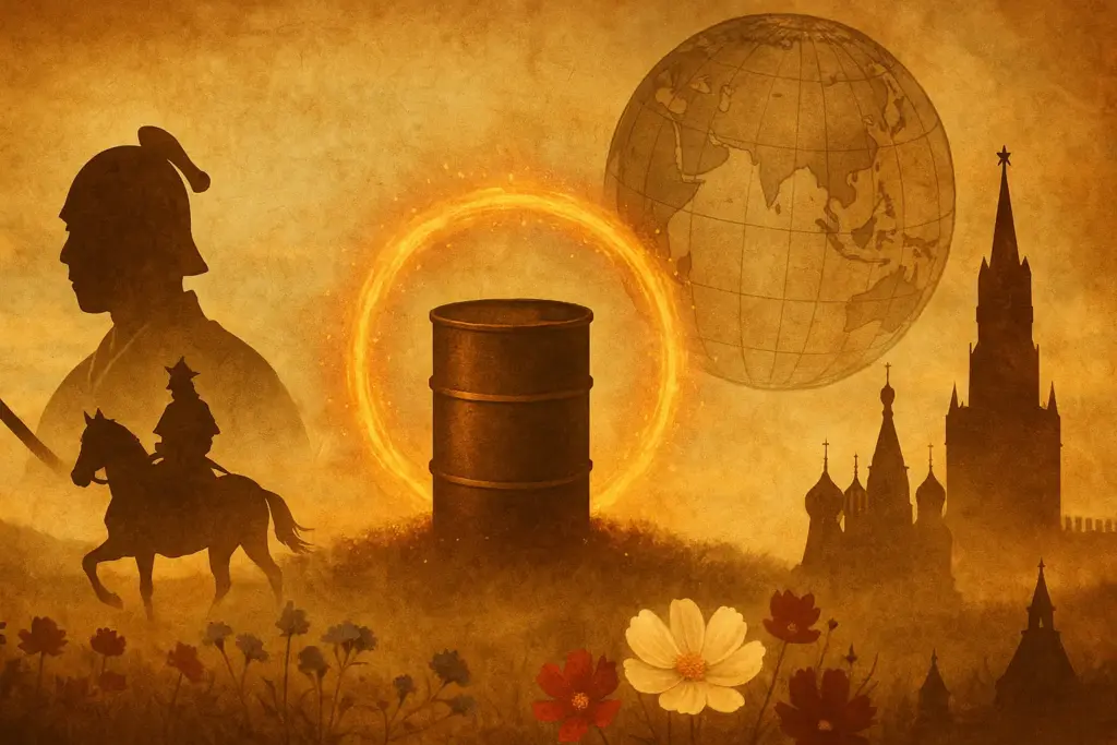 9月14日の歴史を表すイラスト。源頼朝と武士のシルエット、石油ドラム缶と炎の輪、モスクワのクレムリンを描いた重厚な構図