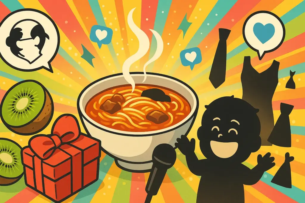 9月14日の豆知識を表すイラスト。大きな丼料理と笑顔のシルエット、カットキウイ、黒いネクタイやドレスを組み合わせたポップな雰囲気