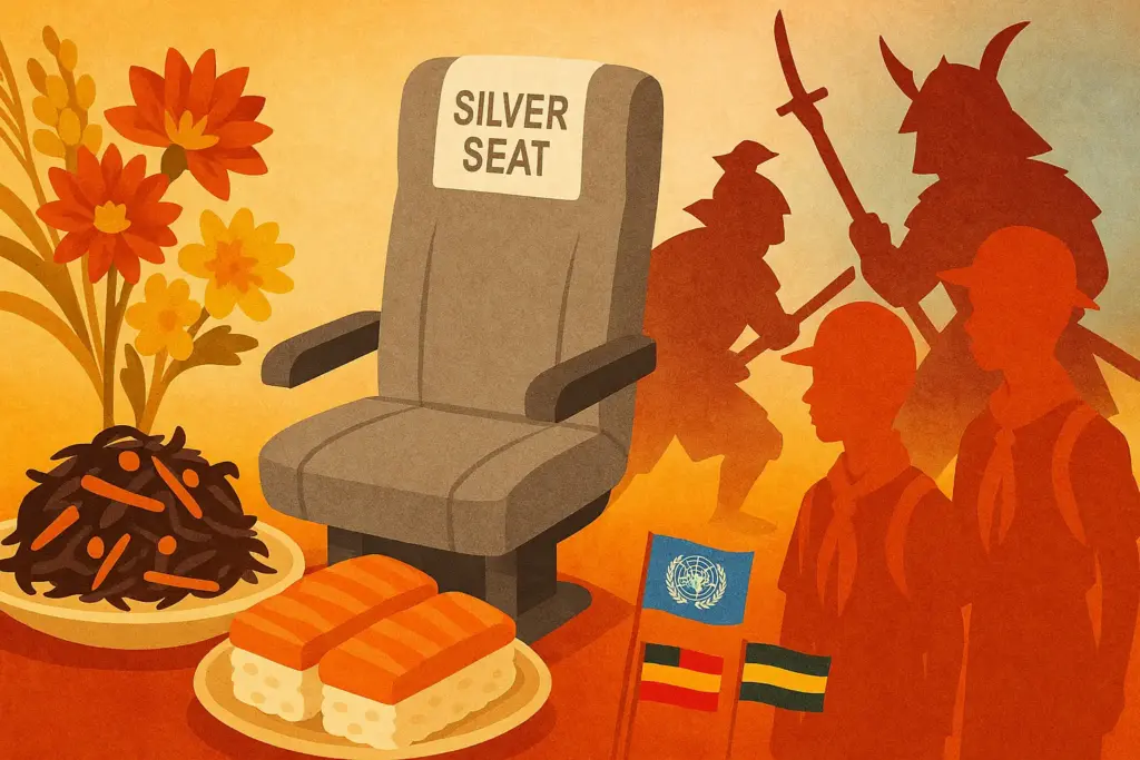 9月15日の記念日を表すイラスト。シルバーシートの座席、ひじき料理、大阪寿司、ボーイスカウトの少年、関ヶ原合戦の武将影絵が描かれている