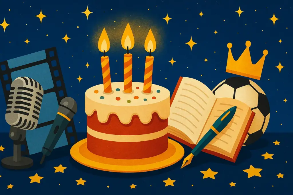 9月15日生まれの誕生日を象徴する挿絵。映画フィルムとマイク、小説の本と万年筆、王冠とサッカーボールが並び、夜空に星が散りばめられたデザイン