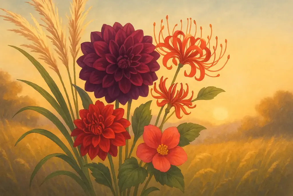 9月15日の誕生花を描いたイラスト。中央にダリアと彼岸花、両側にススキと秋海棠をあしらった花束。秋の野原に柔らかな光が差し込む風景