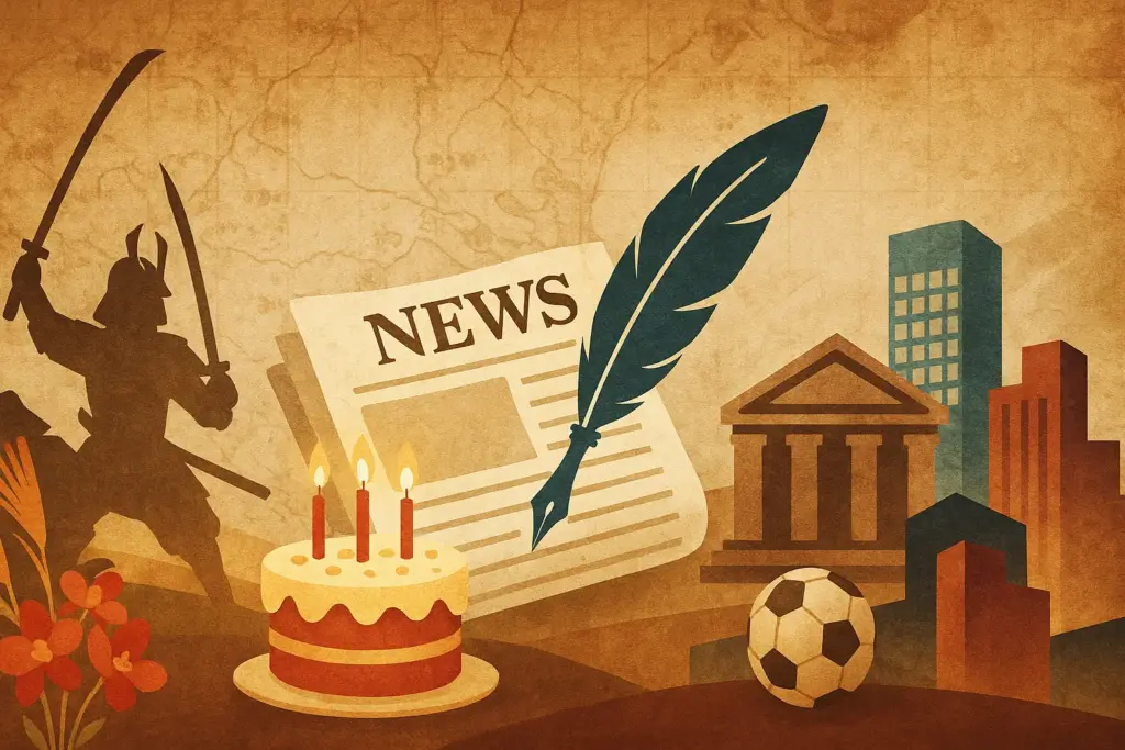 9月15日の歴史を表現するイラスト。左に関ヶ原合戦の武将シルエット、中央に新聞と羽ペン、右に証券ビルとリーマン破綻を象徴するビル群。背景に古地図や巻物