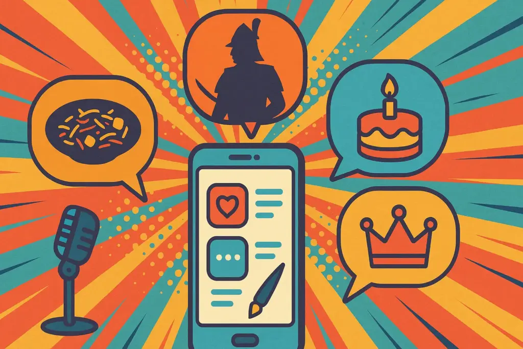 9月15日の豆知識をテーマにしたイラスト。SNS風のスマホ画面に吹き出しがあり、ひじき料理、武将シルエット、ケーキ、王冠のアイコンが描かれている。背景はカラフルな集中線