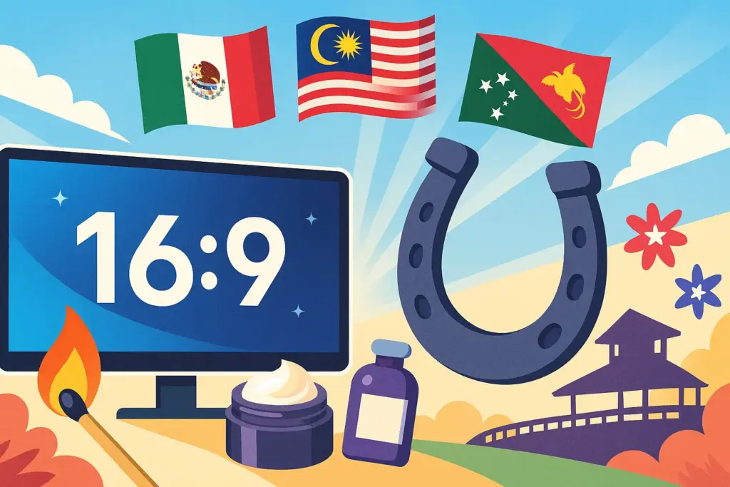 9月16日の記念日を象徴する挿絵。テレビ画面の16:9フレーム、蹄鉄と競馬場、マッチの炎、保湿クリーム、アサイー、国旗を描いた明るい構図