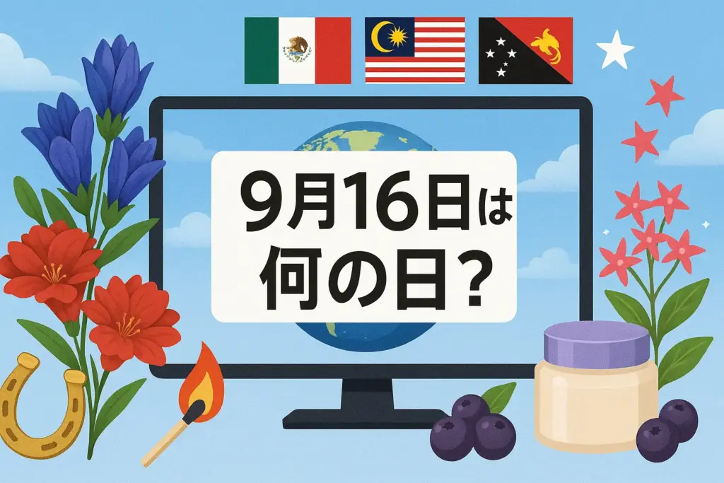 9月16日は何の日を象徴するアイキャッチ画像。中央に16:9フレームと地球、リンドウやアカネの花、国旗や競馬、マッチの炎など記念日モチーフを配置した華やかなデザイン