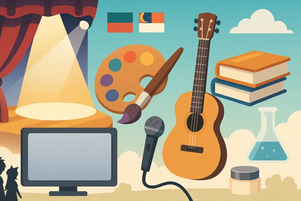 9月16日生まれの誕生日を祝う挿絵。舞台のスポットライト、絵筆とパレット、ギターとマイク、本やフラスコ、キャラクターのシルエットを配置した華やかなデザイン