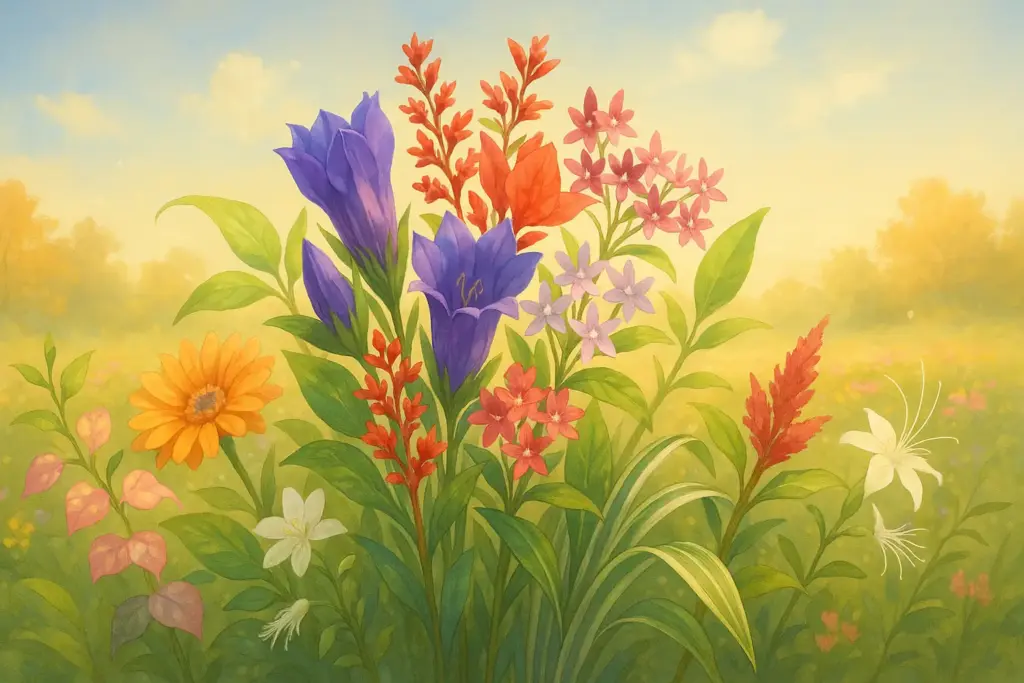 9月16日の誕生花を描いた挿絵。中央にリンドウ、アカネ、ペンタスを束ね、周囲にガーベラ、シンゴニウム、オリヅルラン、ハゲイトウ、ネコノヒゲを散らした明るい花畑のデザイン