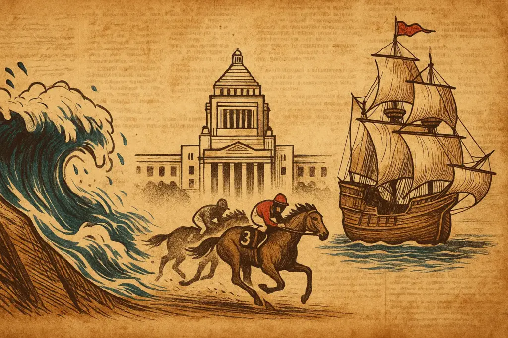 9月16日の歴史を表す挿絵。洪水の堤防決壊、競馬場と国会議事堂、メイフラワー号の帆船を描き、古新聞とセピア調背景で重厚に仕上げたデザイン