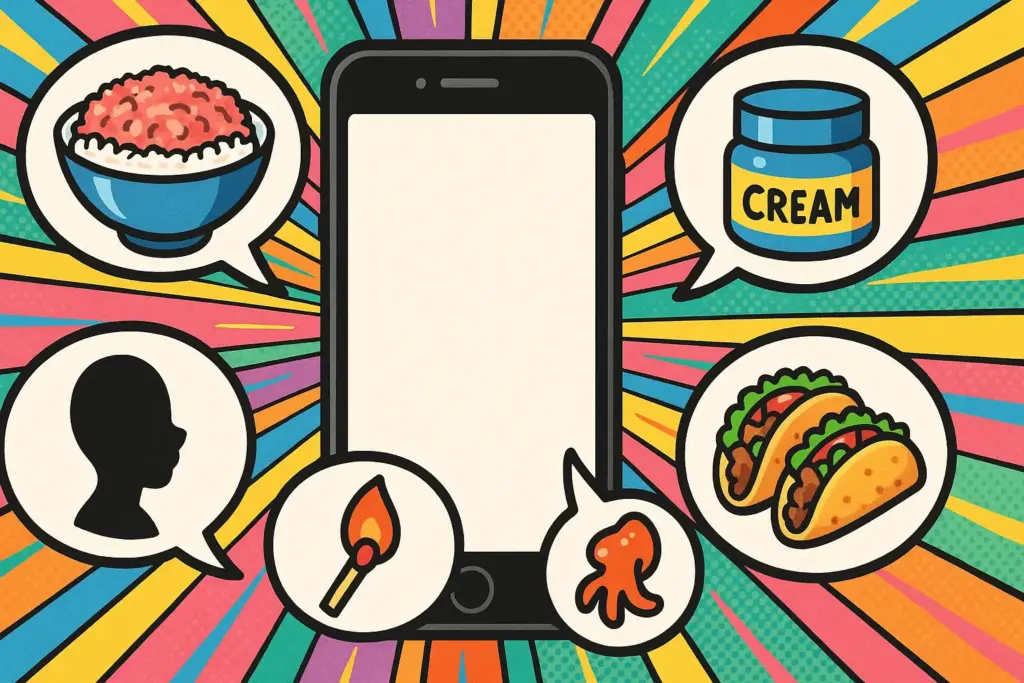 9月16日の豆知識を示す挿絵。スマートフォン画面を中心に吹き出しを広げ、牛とろ丼、保湿クリーム、マッチ棒、キャラクターのシルエット、タコス料理を描いたカラフルなデザイン