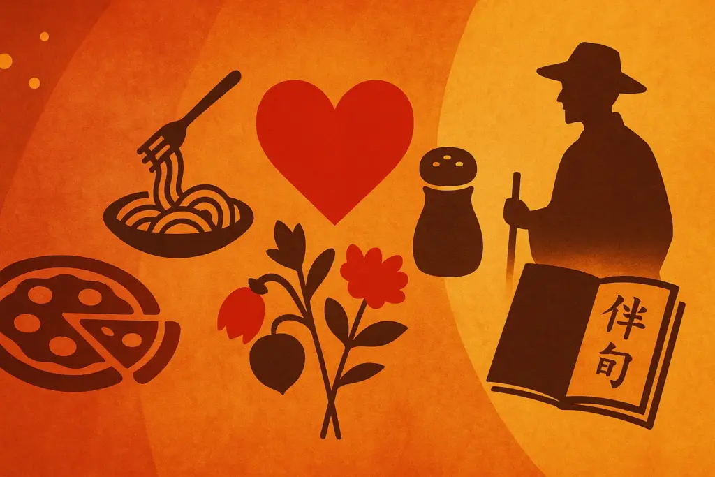 9月17日の記念日を表す横長イラスト。左にイタリア料理、中央にハートと塩壺、右に短歌帳と俳人のシルエットを配置した構図