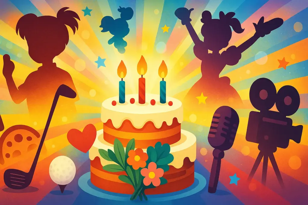 9月17日生まれの誕生日を祝うイラスト。中央にバースデーケーキ、左にゴルフクラブとボール、右にマイクと映画カメラ、上部にキャラクターシルエットを配置