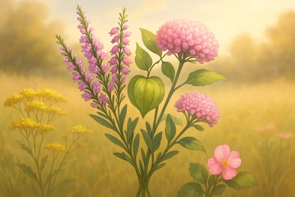 9月17日の誕生花を描いた横長イラスト。中央にエリカ、フウセンカズラ、ミセバヤの花束、周囲にオミナエシとシュウカイドウを添えたデザイン