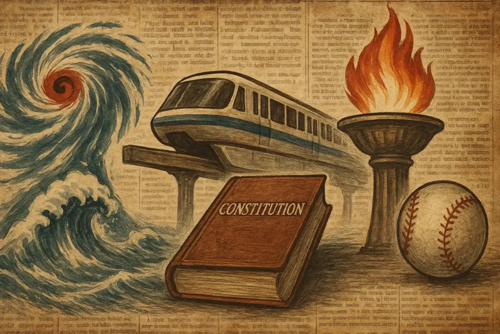 9月17日の歴史的出来事を表現したイラスト。左に台風と波、中央にモノレールと憲法書物、右にオリンピック聖火台と野球ボールを配置し重厚感ある構図