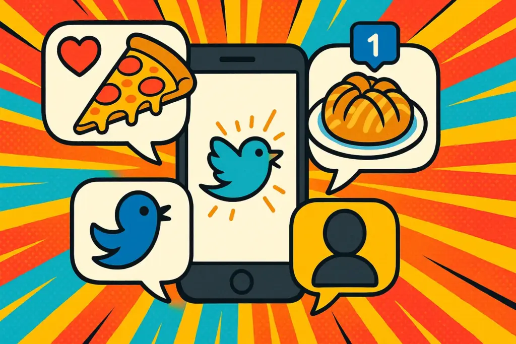 9月17日の豆知識を象徴する横長イラスト。中央にスマートフォン画面、吹き出しからピザやアップルダンプリング、鳥やキャラクターシルエットが飛び出す構図