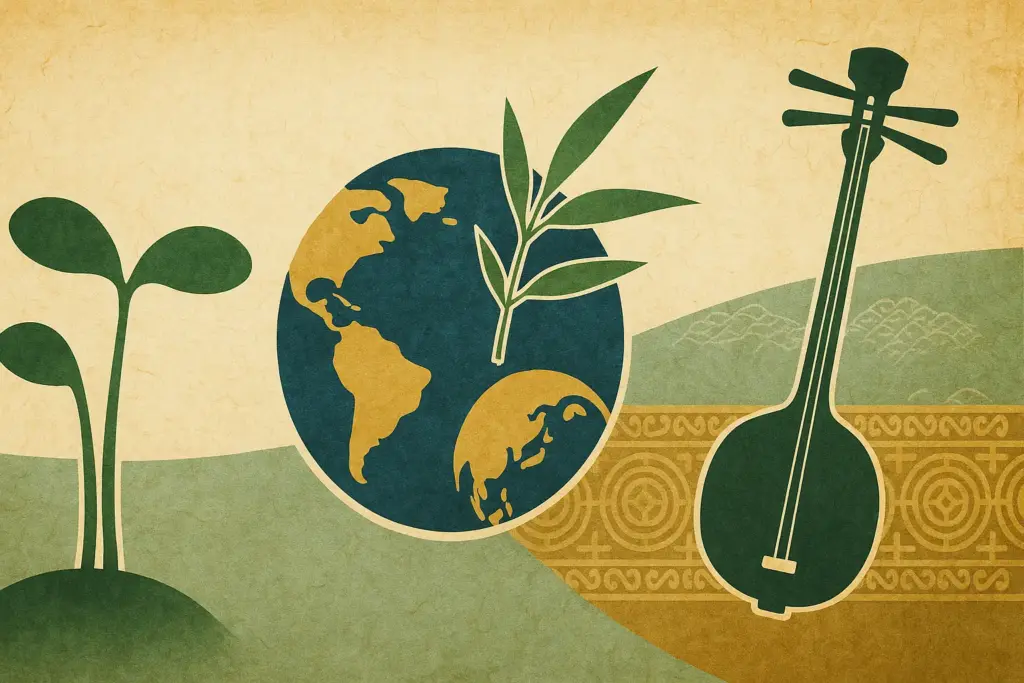 9月18日の記念日を表すイラスト。和紙風の背景にかいわれ大根、竹の葉と地球、沖縄の三線と伝統模様を配置し、食育と環境、地域文化を象徴