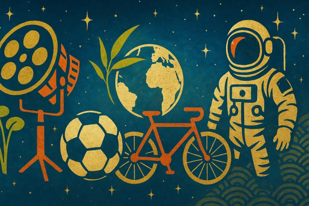 9月18日生まれの誕生日を象徴するイラスト。夜空と星を背景に、フィルムリールと舞台ライト、サッカーボールと自転車、宇宙服のシルエットを配置し、芸能・スポーツ・宇宙を表現