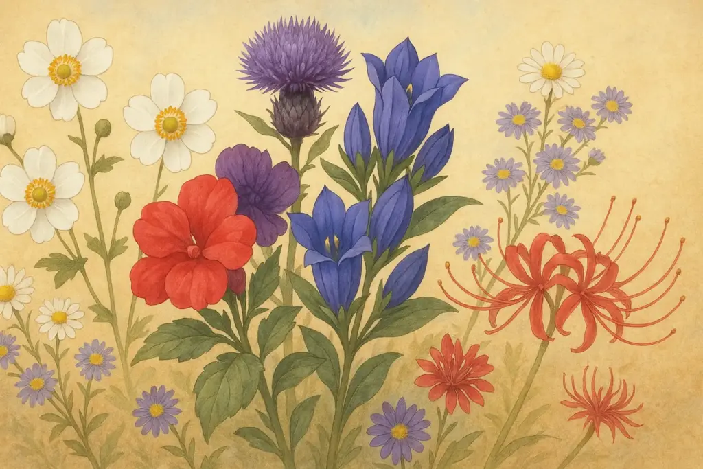 9月18日の誕生花を表すイラスト。ホウセンカ・アザミ・リンドウを束ね、周囲に秋明菊・クジャクソウ・ヒガンバナを散らし、秋空と草花畑を背景に表現