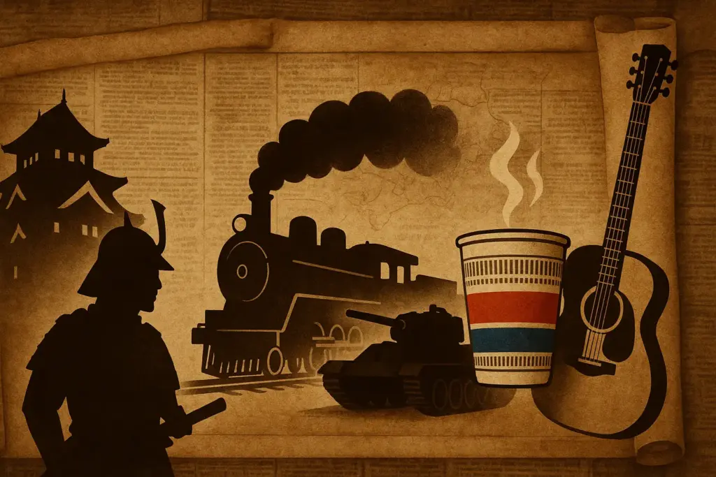 9月18日の歴史を表現するイラスト。古新聞と巻物を背景に、城と武将のシルエット、鉄道と戦車、カップヌードルとギターを配置し、政治・戦争・文化の歴史を象徴