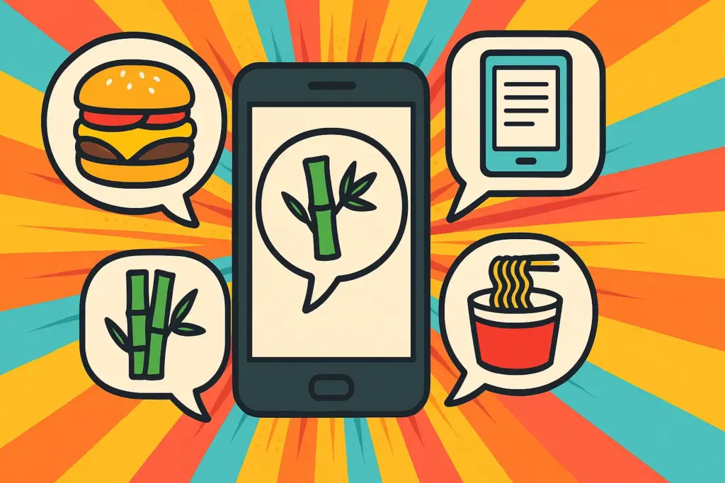 9月18日の豆知識を表すイラスト。カラフルな集中線を背景にスマートフォン画面を置き、吹き出しにチーズバーガー、電子書籍リーダー、竹のアイコン、カップヌードルを描写