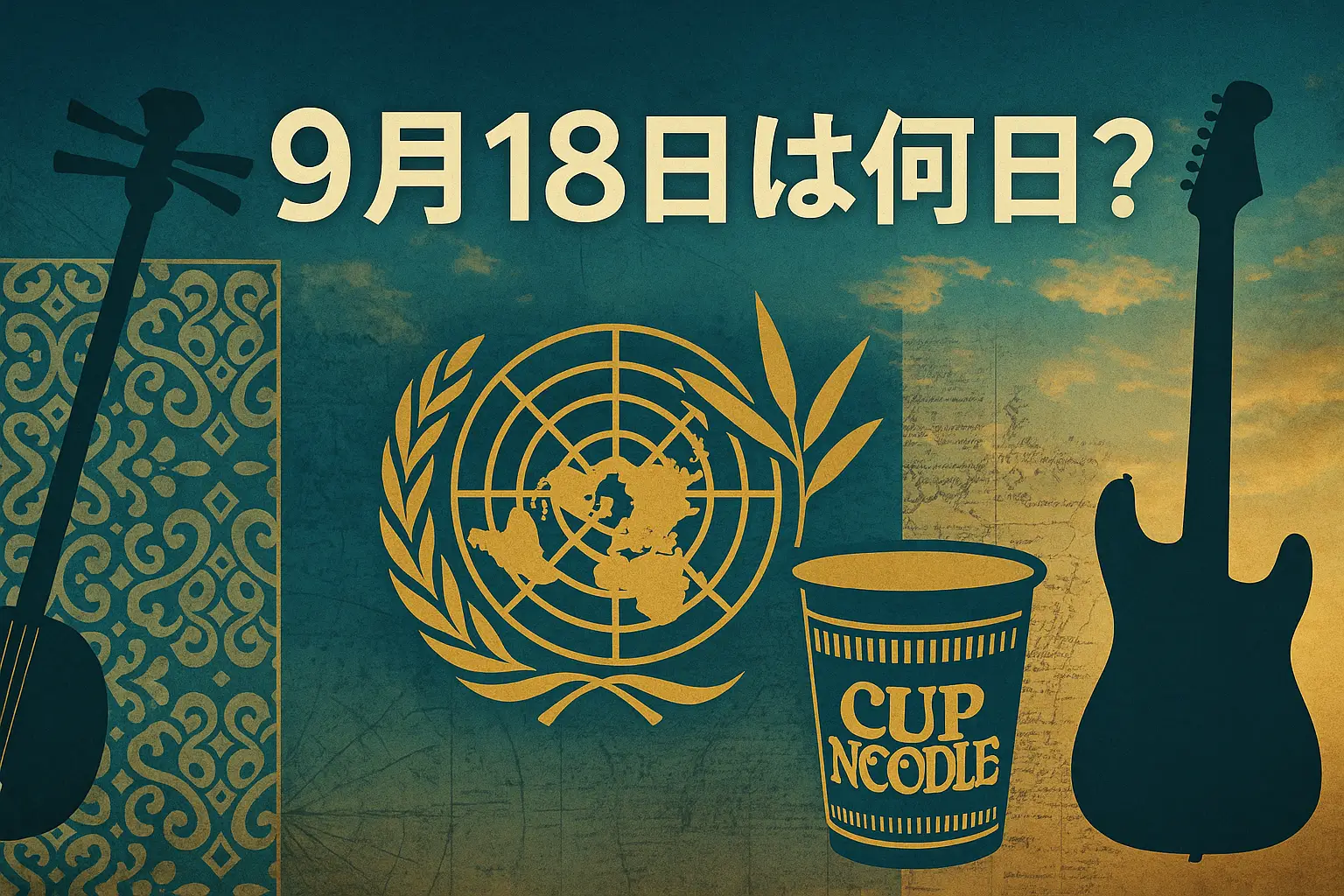 9月18日は何の日?を表すアイキャッチ画像。古い新聞と地図を背景に、沖縄の三線、国連を象徴する天秤と竹、カップヌードルとギターを配置し、歴史と文化を表現
