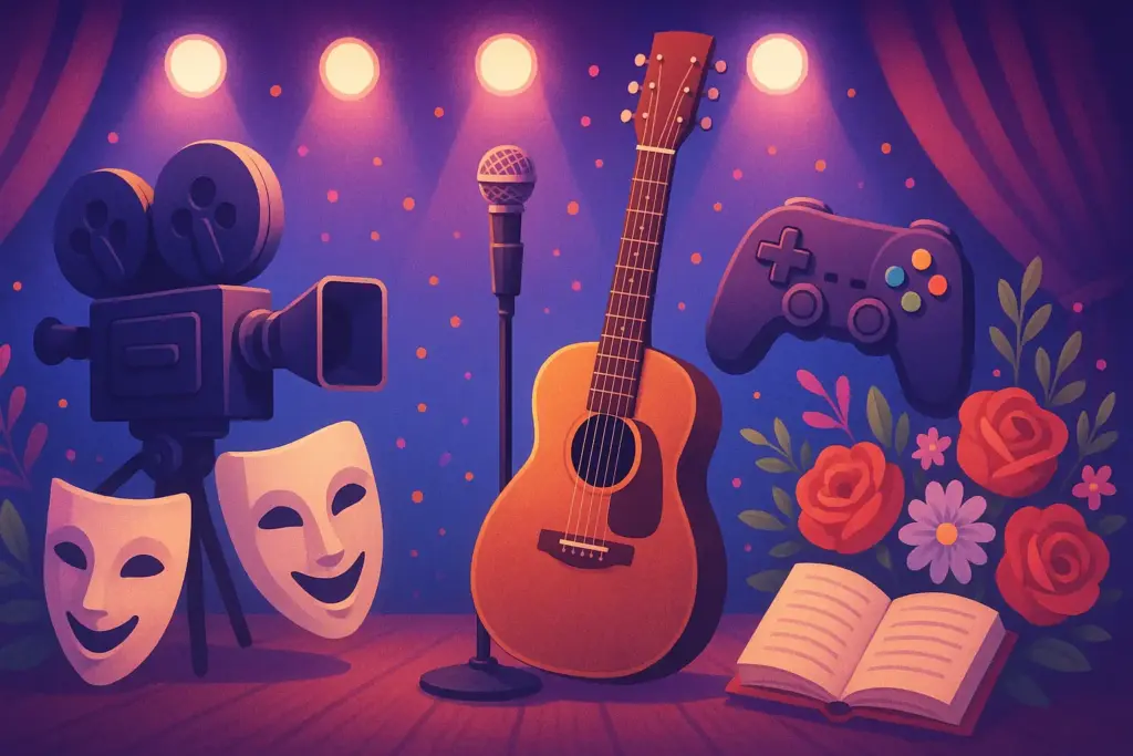 9月19日生まれの誕生日を象徴する挿絵。マイクとギター、映画カメラ、ゲームコントローラーが描かれた多彩な才能のイラスト