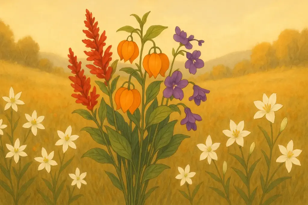 9月19日の誕生花を描いた挿絵。サルビア、サンダーソニア、ツリフネソウの花束とオーニソガラム、ユーチャリスの花が彩るイラスト