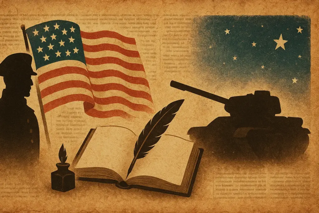 9月19日の歴史を表現する挿絵。古い新聞背景に羽ペンと本、軍服のシルエット、国旗や戦車が描かれた歴史的イラスト