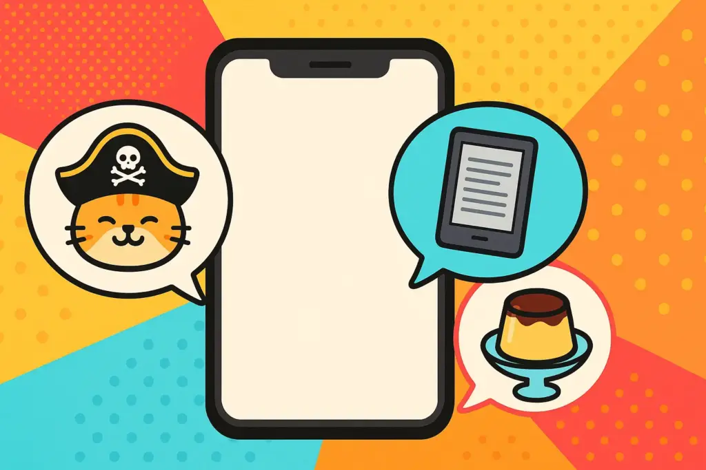 9月19日の豆知識を象徴する挿絵。スマホ画面から海賊帽の猫、電子書籍、プリンが飛び出すポップなイラスト