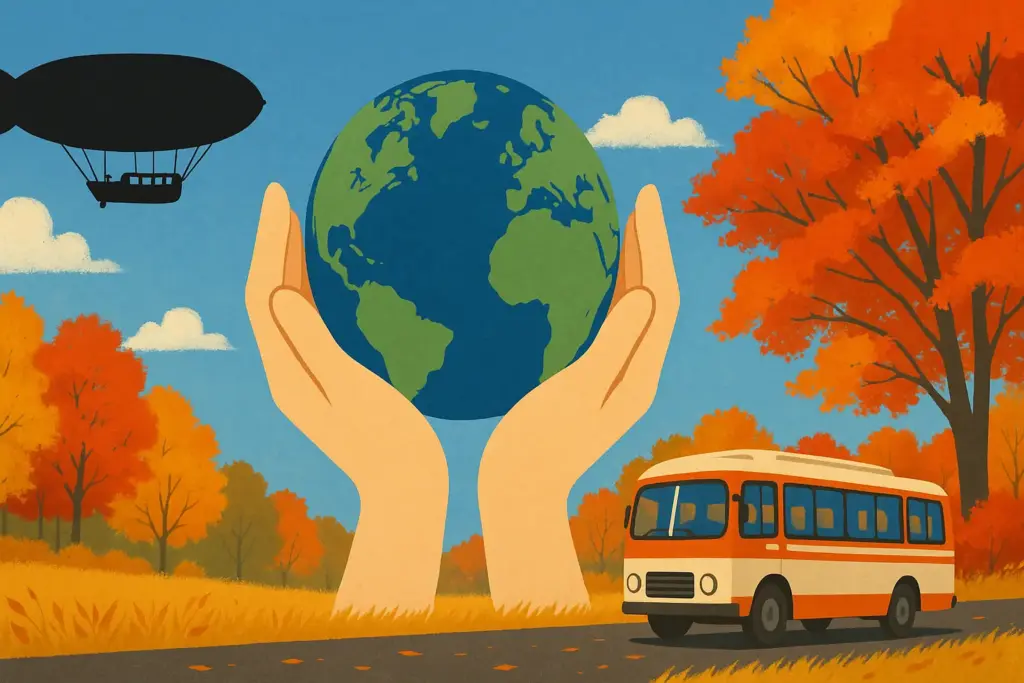 9月20日の記念日を表す挿絵。飛行船・バス・地球を組み合わせたイラスト。