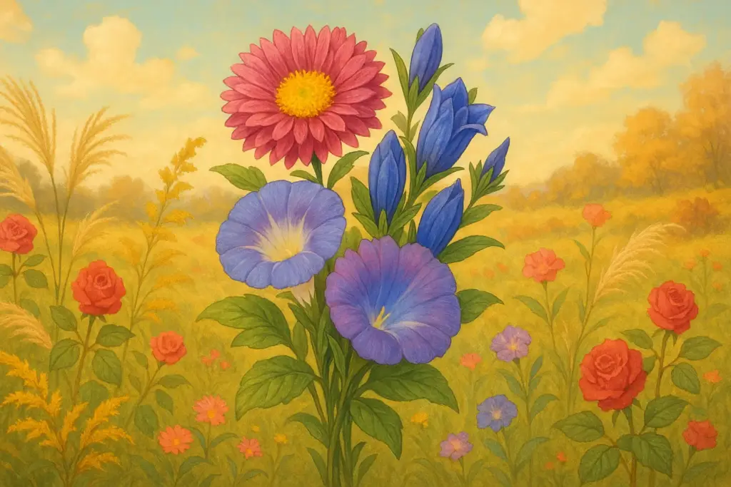 9月20日の誕生花、アスター・朝顔・リンドウを中心に描いたイラスト