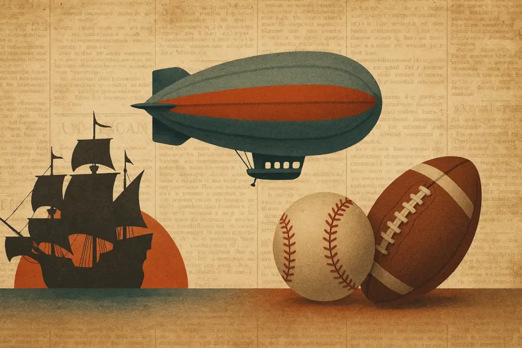 9月20日の歴史的出来事を象徴する帆船・飛行船・野球ボール・ラグビーボールのイラスト