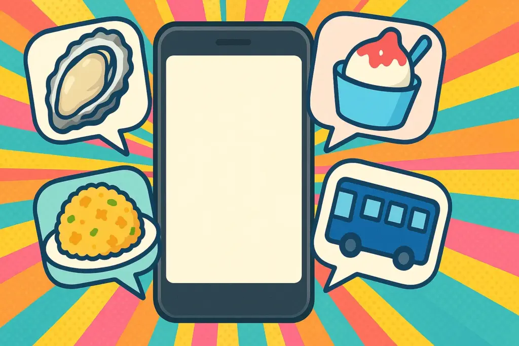 9月20日の豆知識を象徴する牡蠣・アイス・チャーハン・バスを描いたイラスト