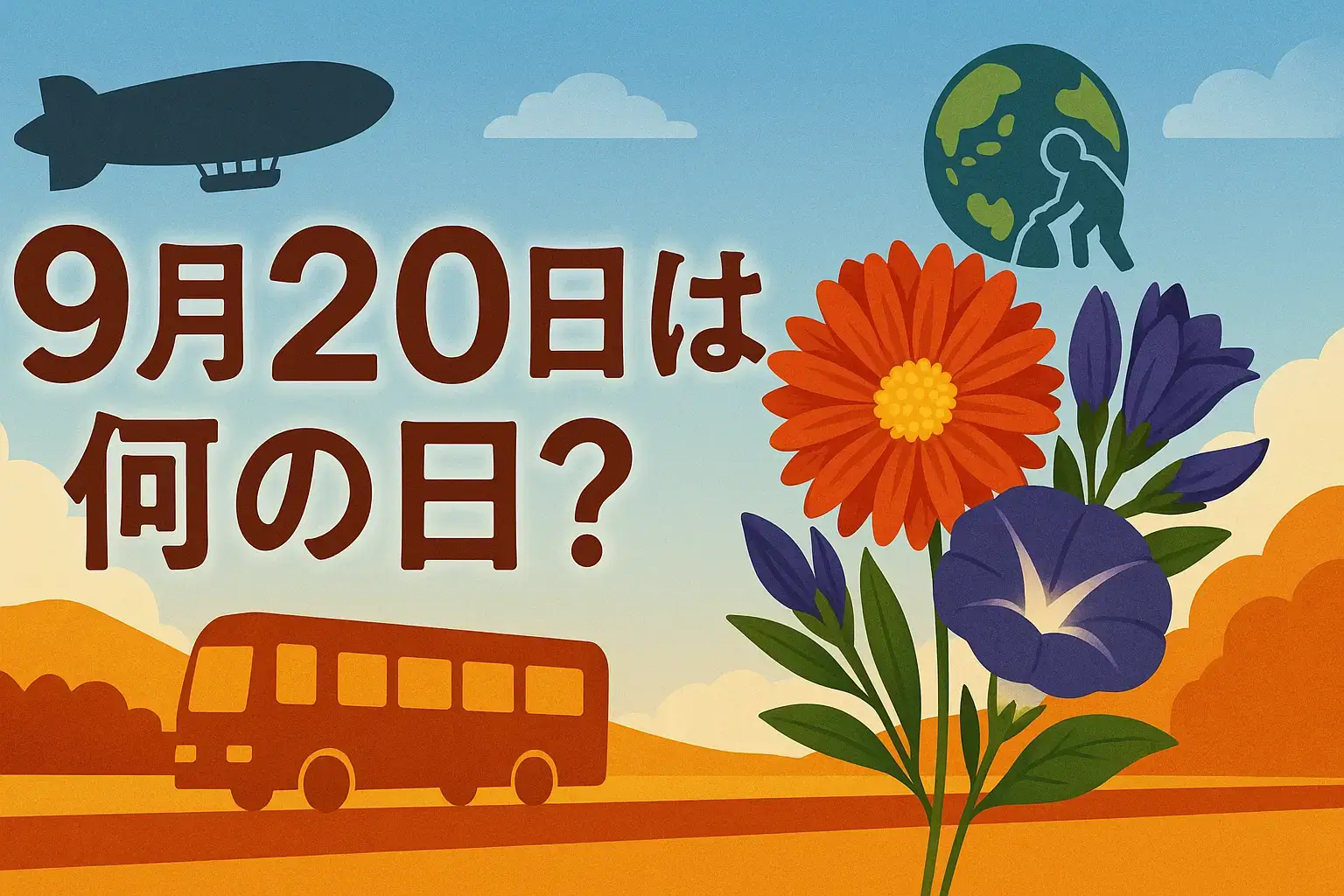 9月20日の記念日や誕生花・歴史・豆知識を象徴する花束、飛行船、バス、地球環境を描いたイラスト