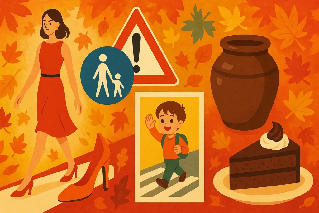 9月21日の記念日を表すイラスト。ファッションショーのモデルと靴、交通安全の標識、漬物とガトーショコラが描かれている