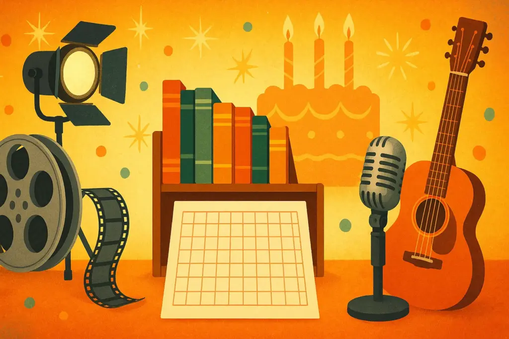 9月21日生まれの有名人を象徴するイラスト。本棚と原稿用紙、映画フィルムやスポットライト、マイクとギター、誕生日ケーキが配置されている