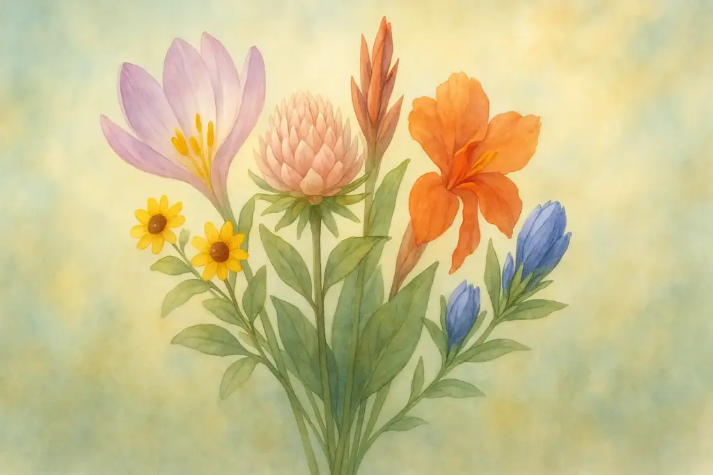 9月21日の誕生花を描いたイラスト。コルチカム、サンビタリア、セルリア、カンナ、リンドウの花束が秋空の下で咲いている