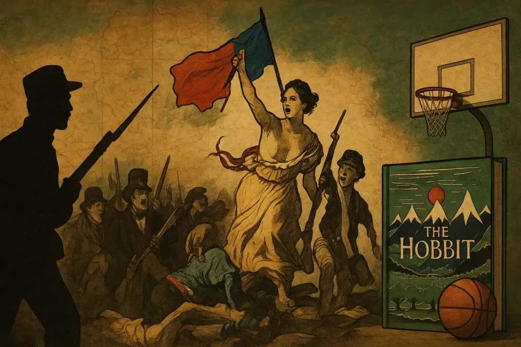 9月21日の歴史的出来事を表すイラスト。西南戦争の兵士、フランス革命の旗を掲げる群衆、ホビットの冒険の本、バスケットボールのリングが描かれている