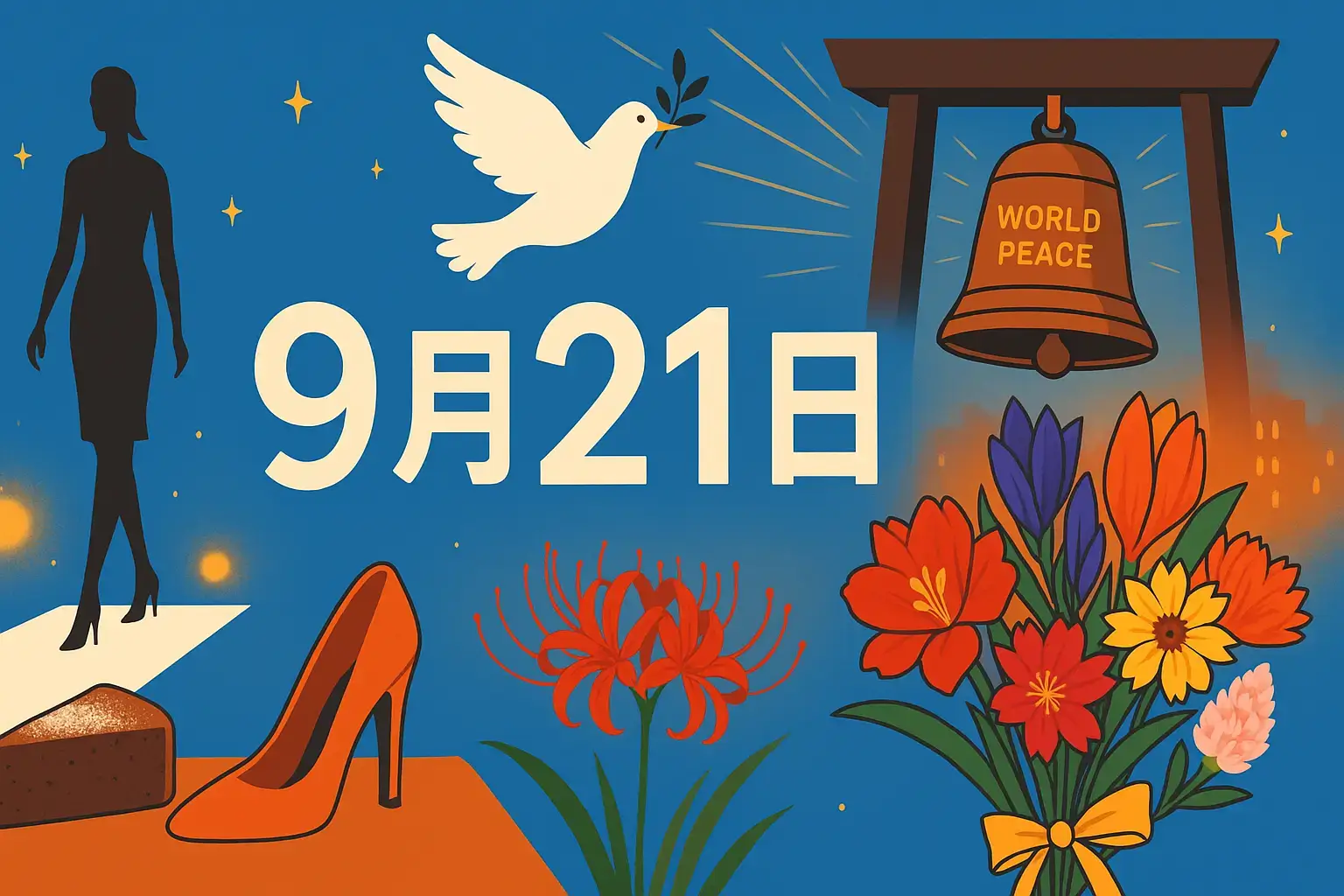 9月21日の国際平和デーや世界アルツハイマーデー、ファッションショーの日、誕生花や彼岸花を象徴するアイキャッチイラスト